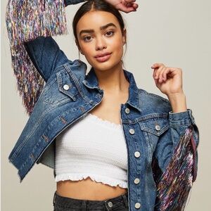 Miss Selfridge Blue Jean Jacket with Multicolor Fringe